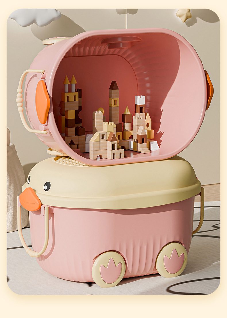 Duck storage box open, filled with blocks
